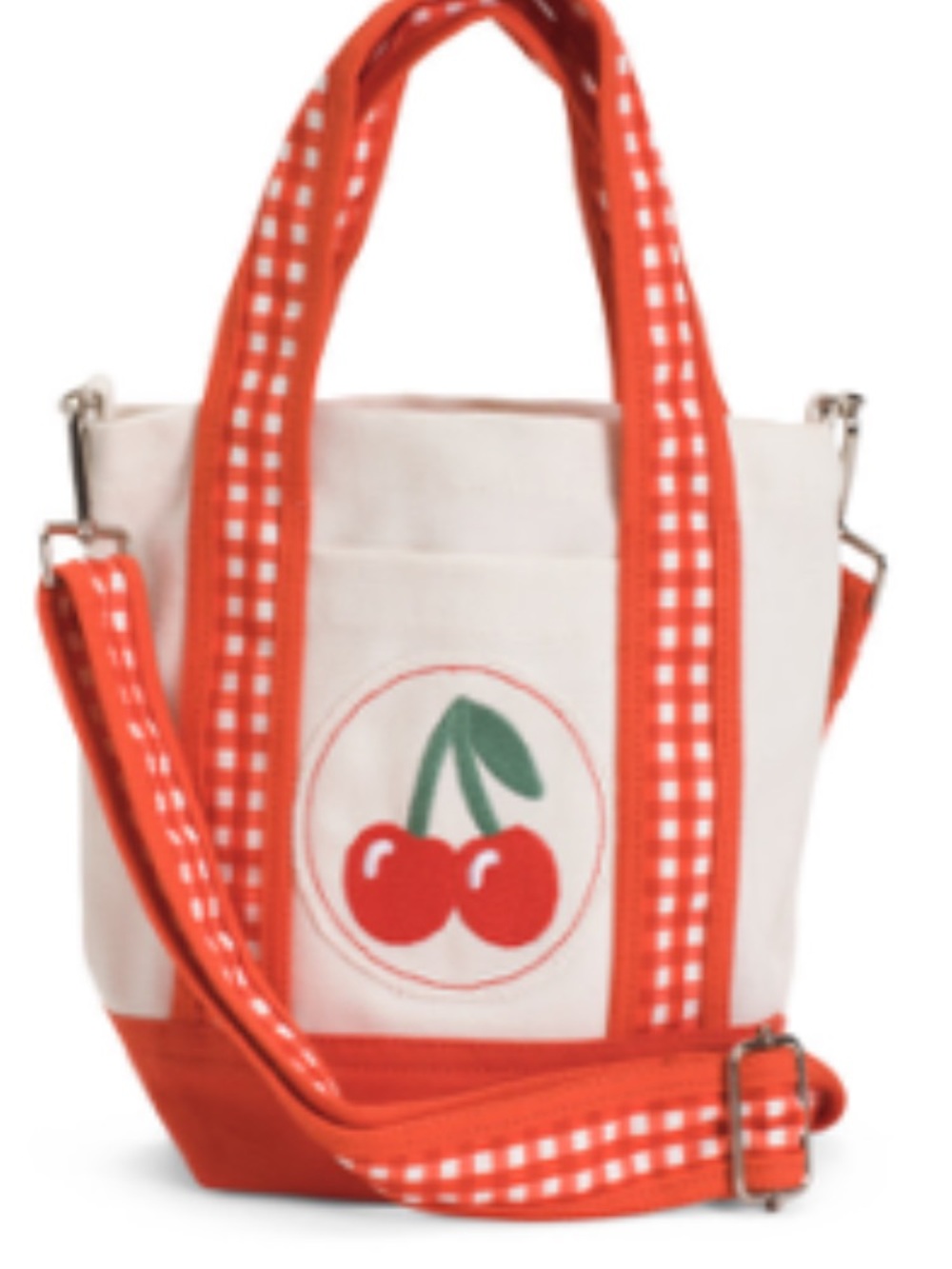 Cherry Accent Canvas Tote Bag-red white 10.5”w. x 9.5”h.1interior & 1side pocket